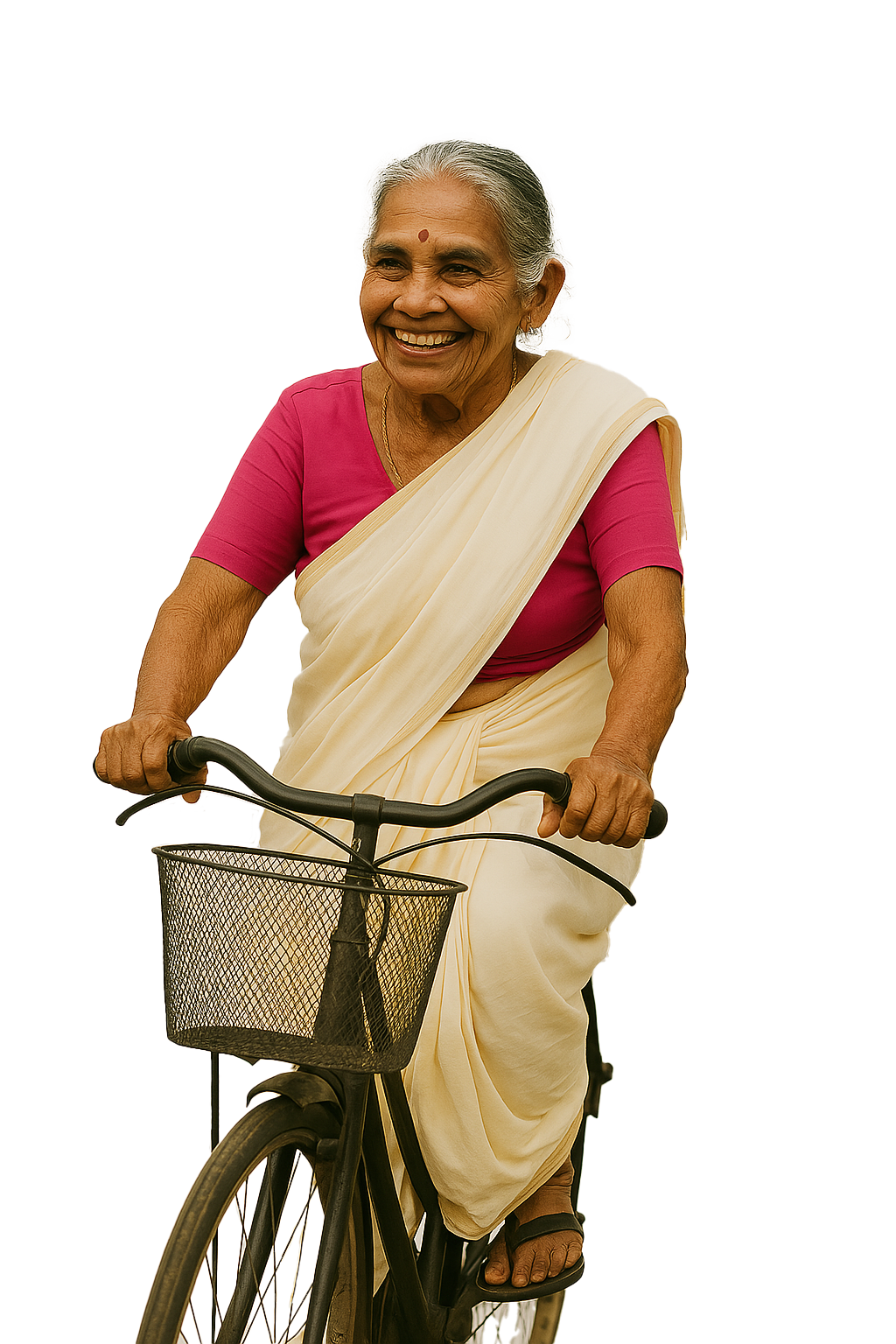 A confident woman riding a bicycle